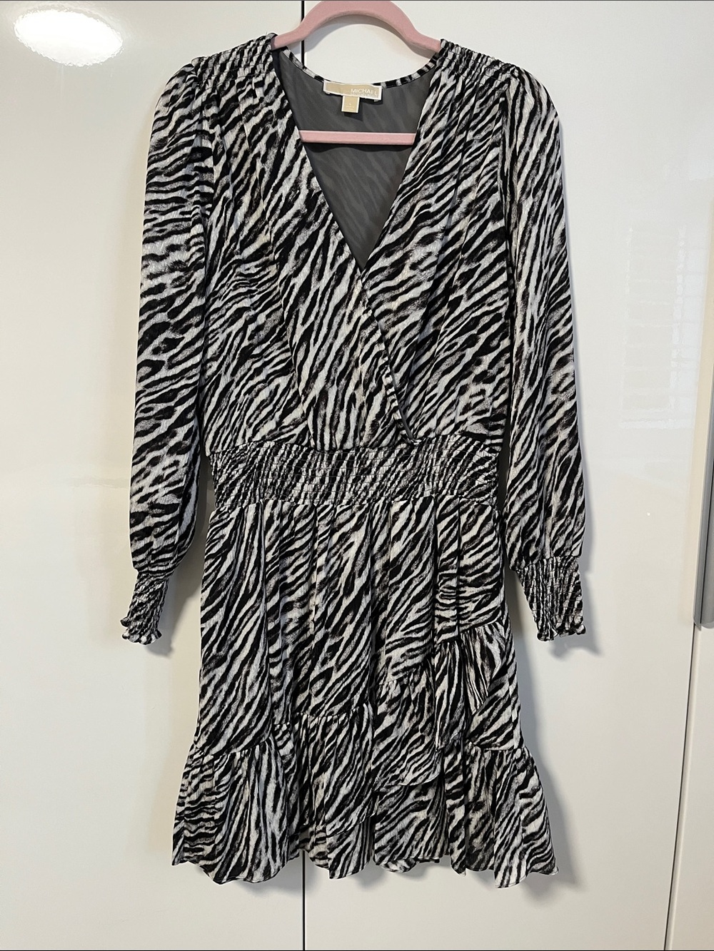 Michael Kors NWOT Black and White Zebra-Print Long Sleeve Dress, Size L